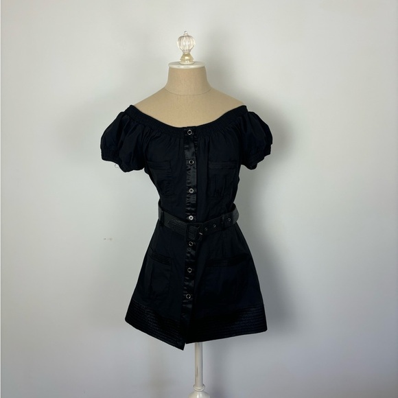 Lucy Paris Mini Dress Black Off the Shoulder Belted Buttons S - Picture 1 of 6
